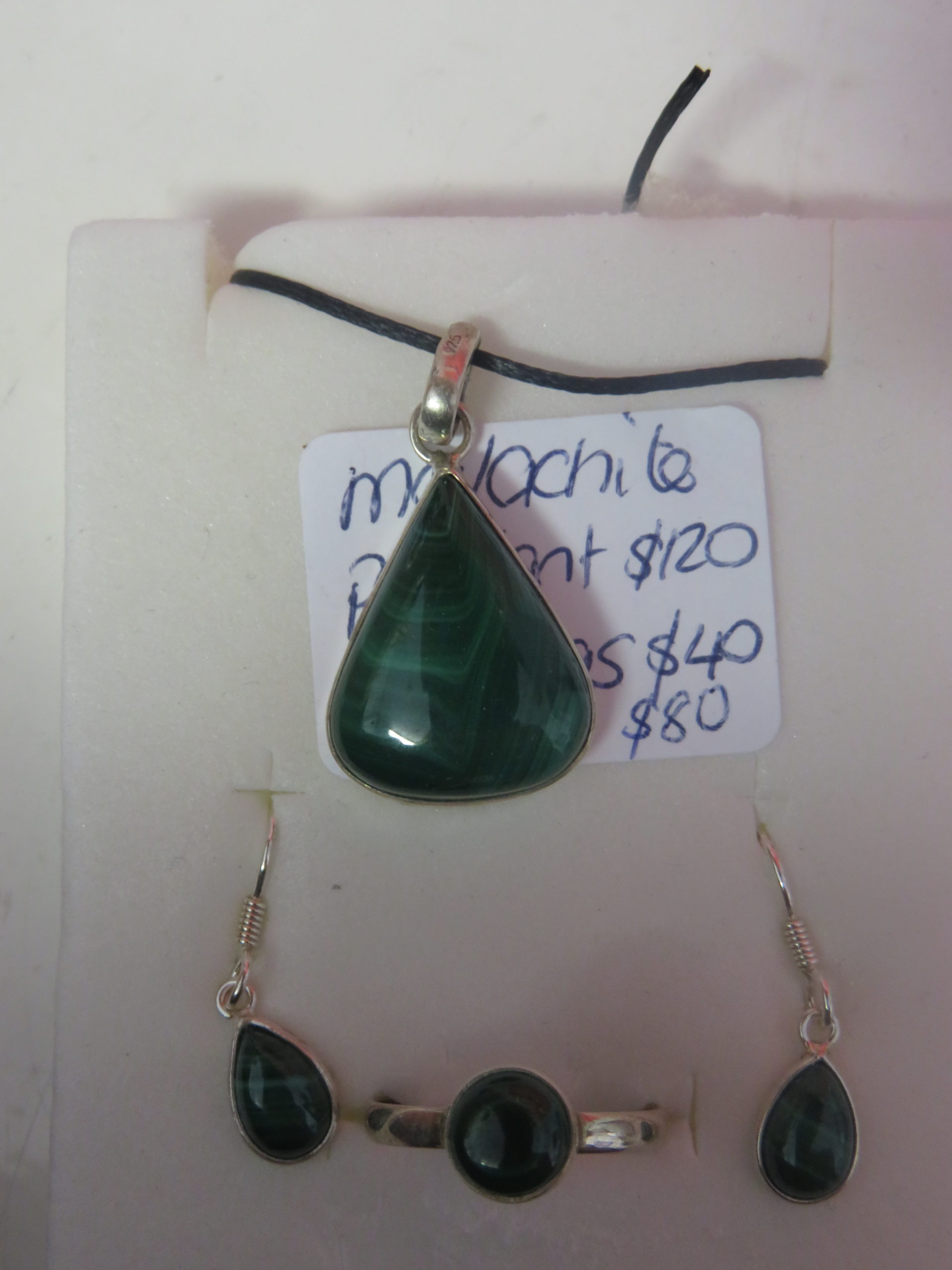 Malachite Pendant, earrings and Ring set